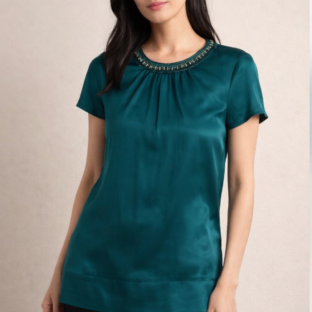 DKNY Kelly Green / Turquoise Blouse with Beaded Collar
